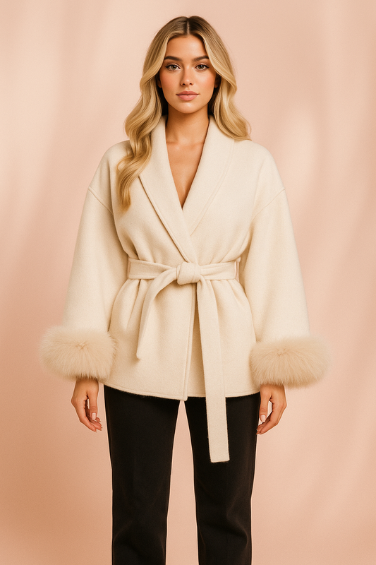 Elegant Beige Wool Wrap Coat with Fox Fur Cuffs