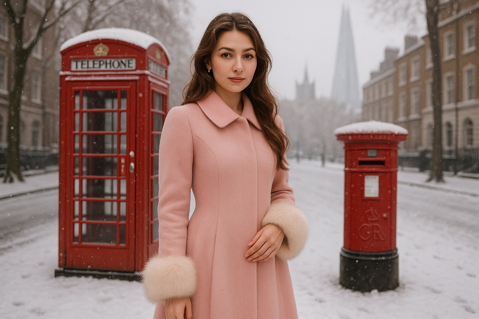 i need a more baby pink with cream fox cuffs and i need to make sure that its more obvious that its london like a red letterbox or phone box in the background or the shard in the background
